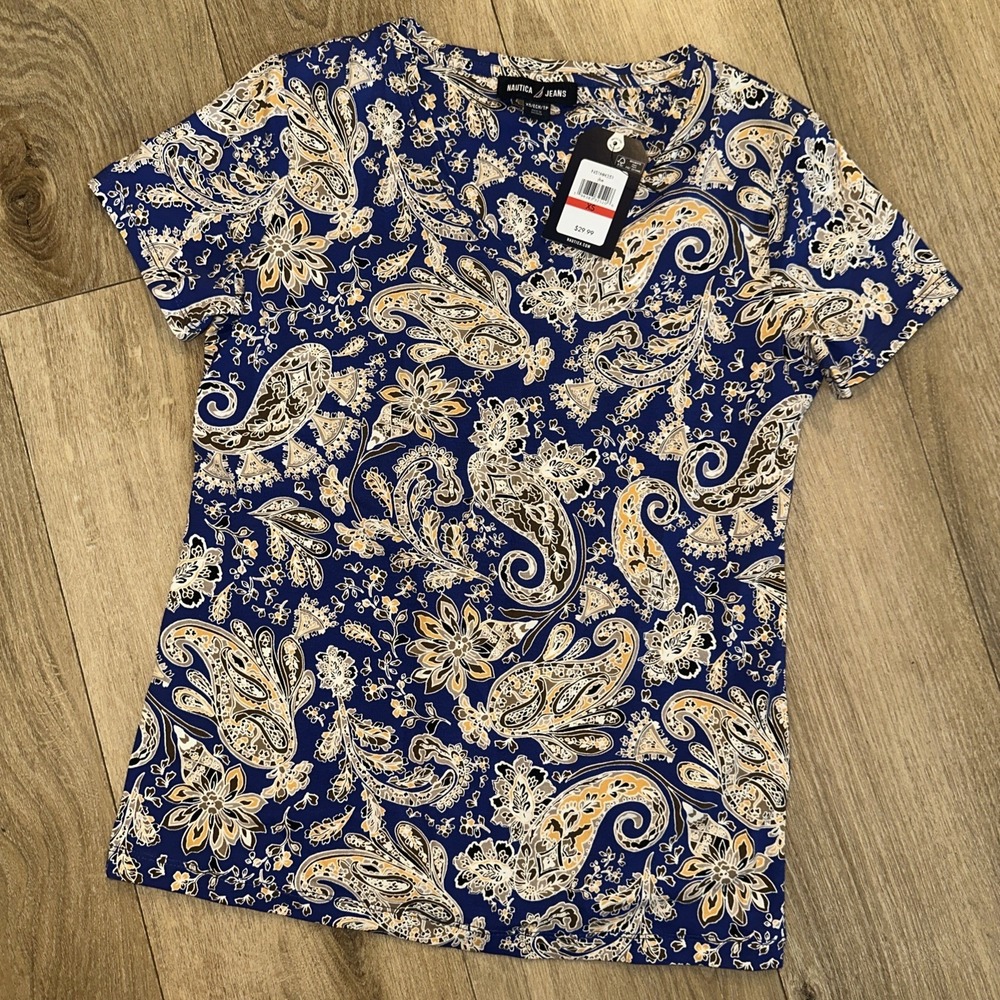 Nautica Logo Blue Floral & Paisley Short Sleeve Top Women's XS Boho Minimalist